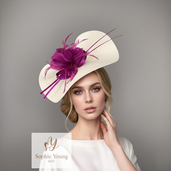 Ivory Occasion Fascinator With Purple Flower Accent, Stylish  display picture 3