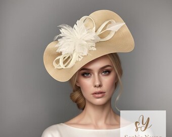 Kentucky Derby Hat Fascinator Neutral Tan Beige Sinamay With  display picture 2