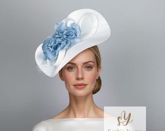 White and  Blue kentucky hat with veil and silk flower, blue Royal Ascot hat, Tea Party, wedding or luncheon fascinator