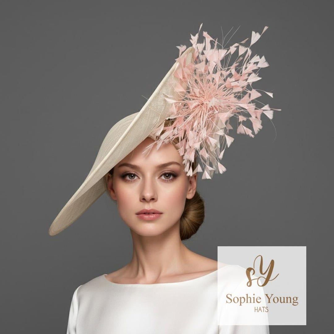 Ivory Statement Fascinator With Blush Feather Spray  display picture 2