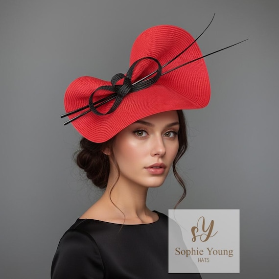 Elegant Red Fascinator with Black Accents Red w Black Wide Brim Kentucky Derby Hat, Church Hat  main image 2