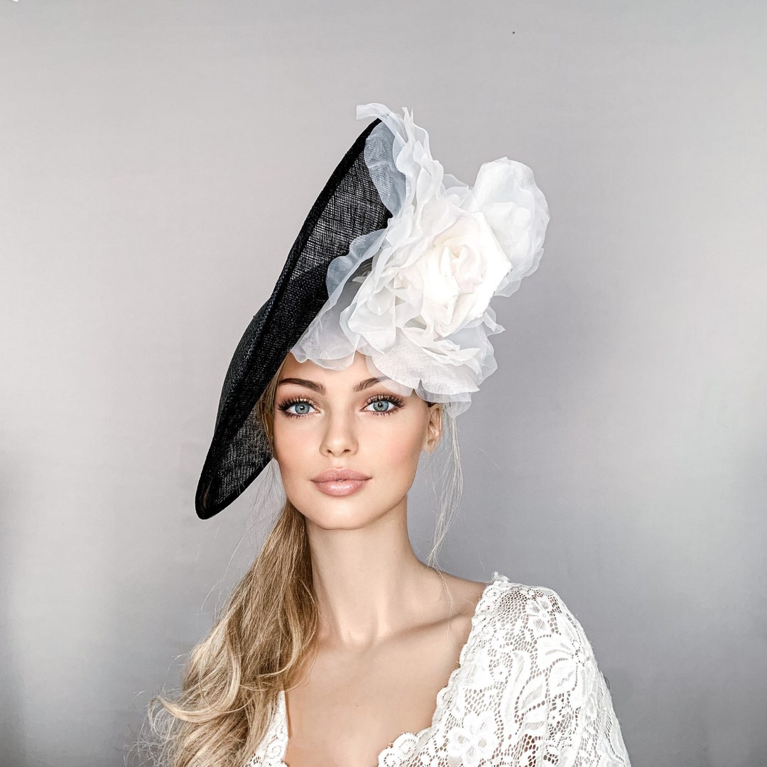 Kentucky Derby Hat, Black White Derby Hat, Floral Ascot Hat for Woman