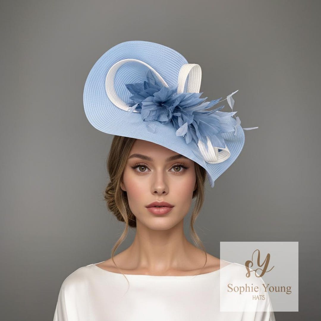 Light Blue Fascinator Hat With White Trim and Feather Flower  display picture 2