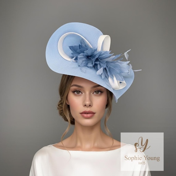 Light Blue Fascinator Hat With White Trim and Feather Flower  display picture 2
