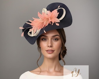 Navy Wide Brim Straw Hat With Pink Roses, Ascot Wedding  display picture 3