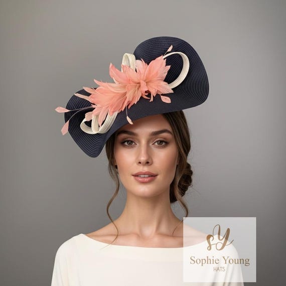 Navy Blue Floral Derby Fascinator Headpiece | Statement Flower Headband Navy Blue Fascinator, Floral Headband Elegant Derby, Wedding  main image 4