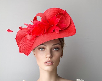RED kentucky derby hat, RED fascinator, plumas kentucky derby hat, luncheon hat, royal ascot hat, tea party hat, racing carnival hat