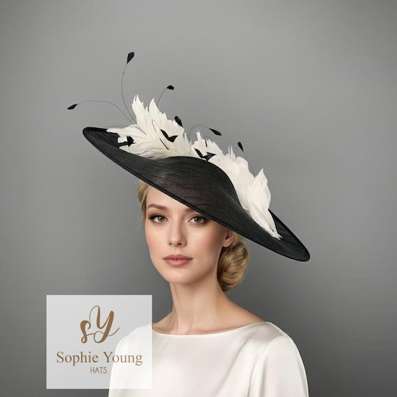Black and Ivory Large Race Day Hat, Elegant Feather  display picture 1
