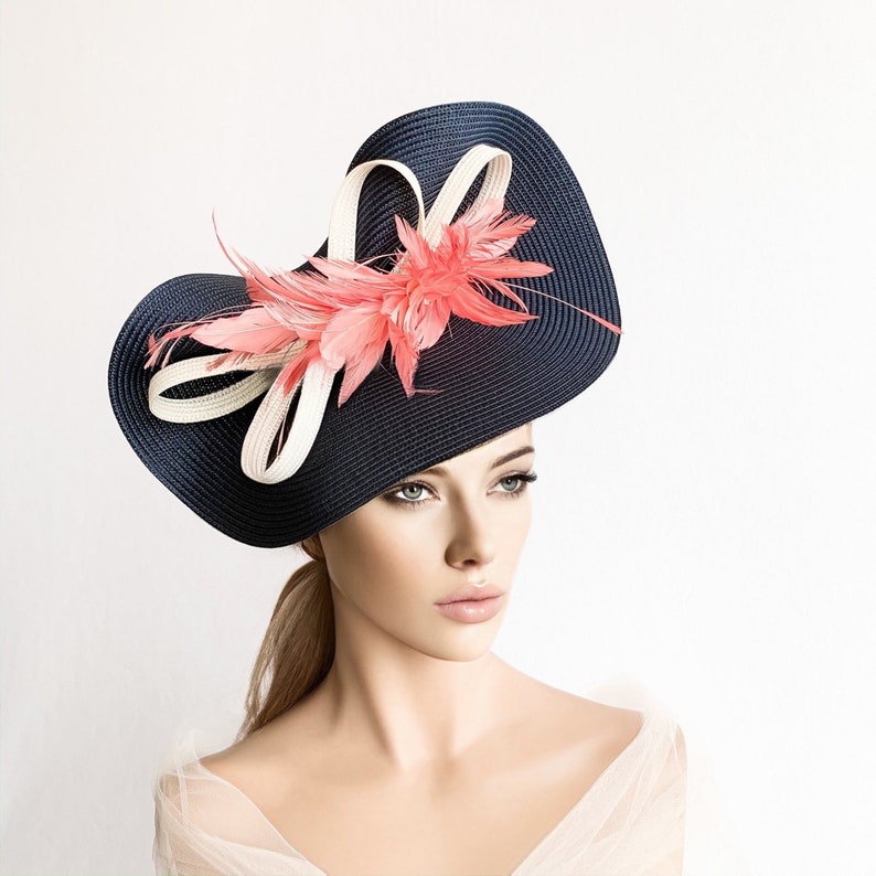 NAVY BLUE fascinator, race day hat, Pink feathers wedding hat, navy derby hat, royal ascot fascinate hat, mother of the bride, luncheon hat 