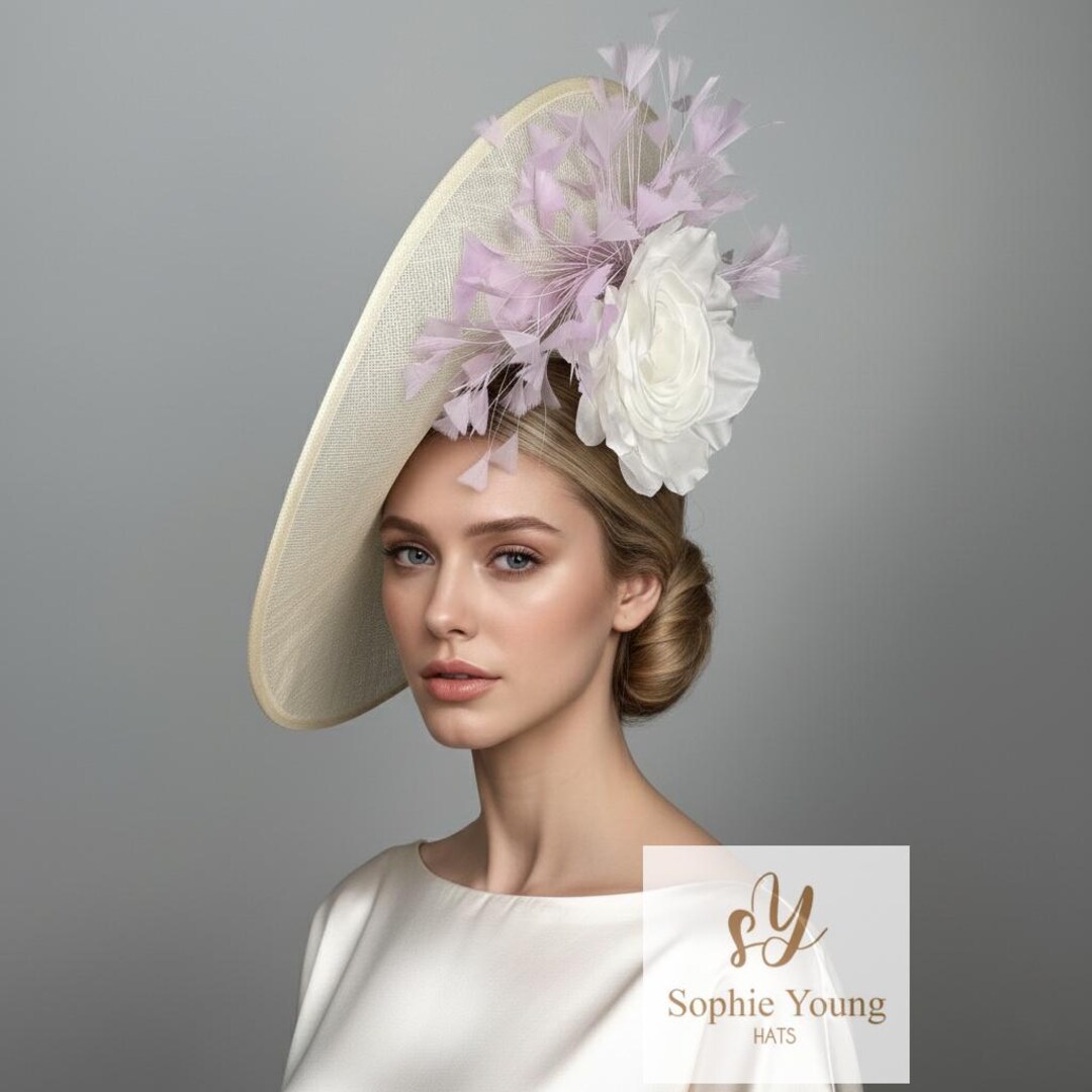 Ivory Kentucky Derby Hat, Lilac Feather Ascot Headpiece  display picture 1