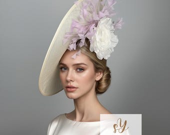 Sombrero Kentucky Derby color marfil, tocado Ascot de plumas lilas, bodas, almuerzos, sombrero de platillo floral