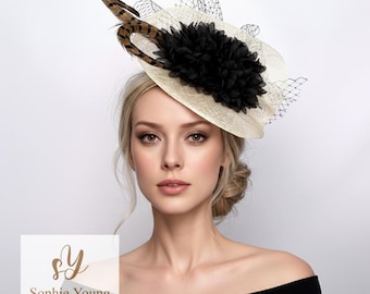 Women\'s Cream and Black Feather Hat w/ box The Hat Box Black Feather Vintage Hat Fascinator Head Piece  main image 3