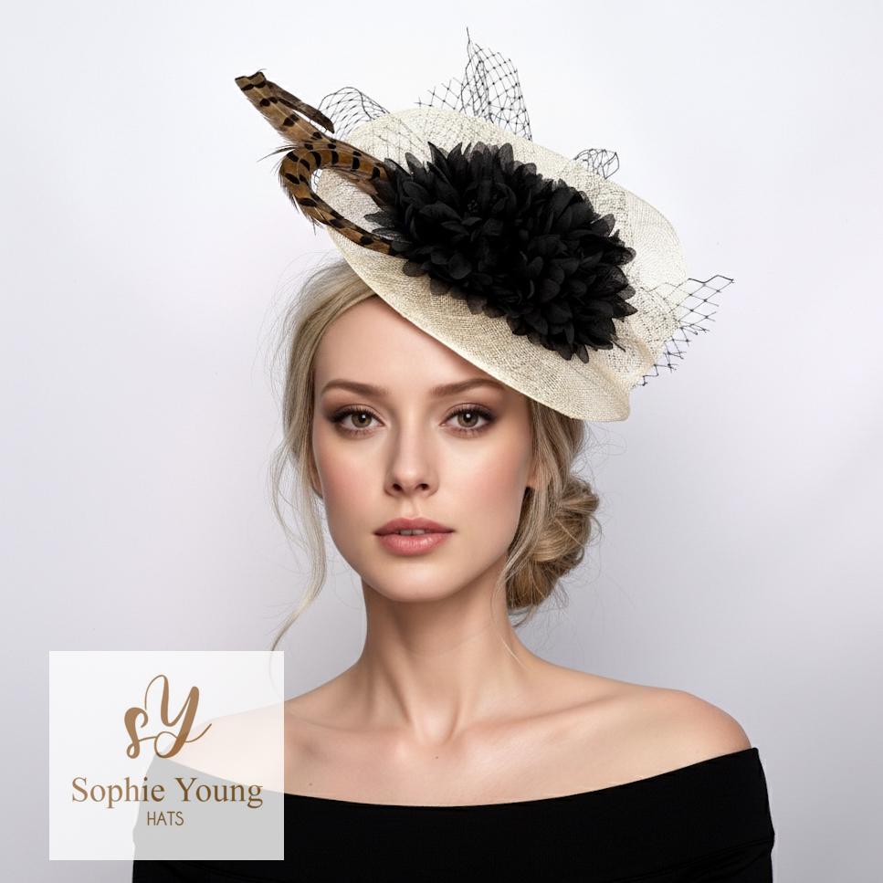 Ivory & Black Fascinator Hat With Flower and Veil | Elegant  display picture 1