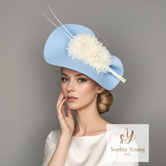 Powder Blue Fascinator With White Flowers, Elegant Wedding  display picture 2