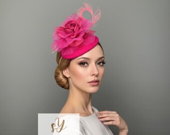 Hot Pink Fascinator Hut mit Blume, Winter Rassen Pillbox Hut, Fuchsia Hutmacher Kopfschmuck