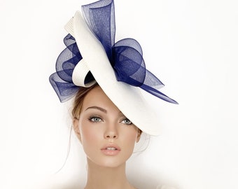 Navy Blue Fascinator Hat: Cream Bow Ascot Hat
