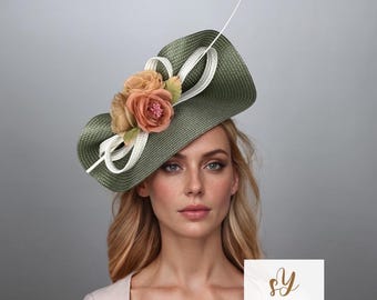Cappello da Kentucky Derby verde muschio con fiori, cappelli da gara verde salvia, fascinator verde oliva per donna