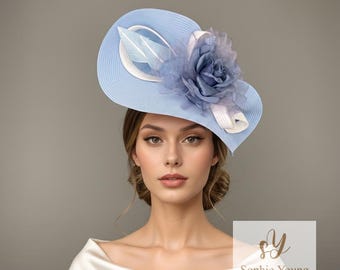Pale Blue Kentucky Derby Hat, Light blue fascinator hat with flower and sculpted trim