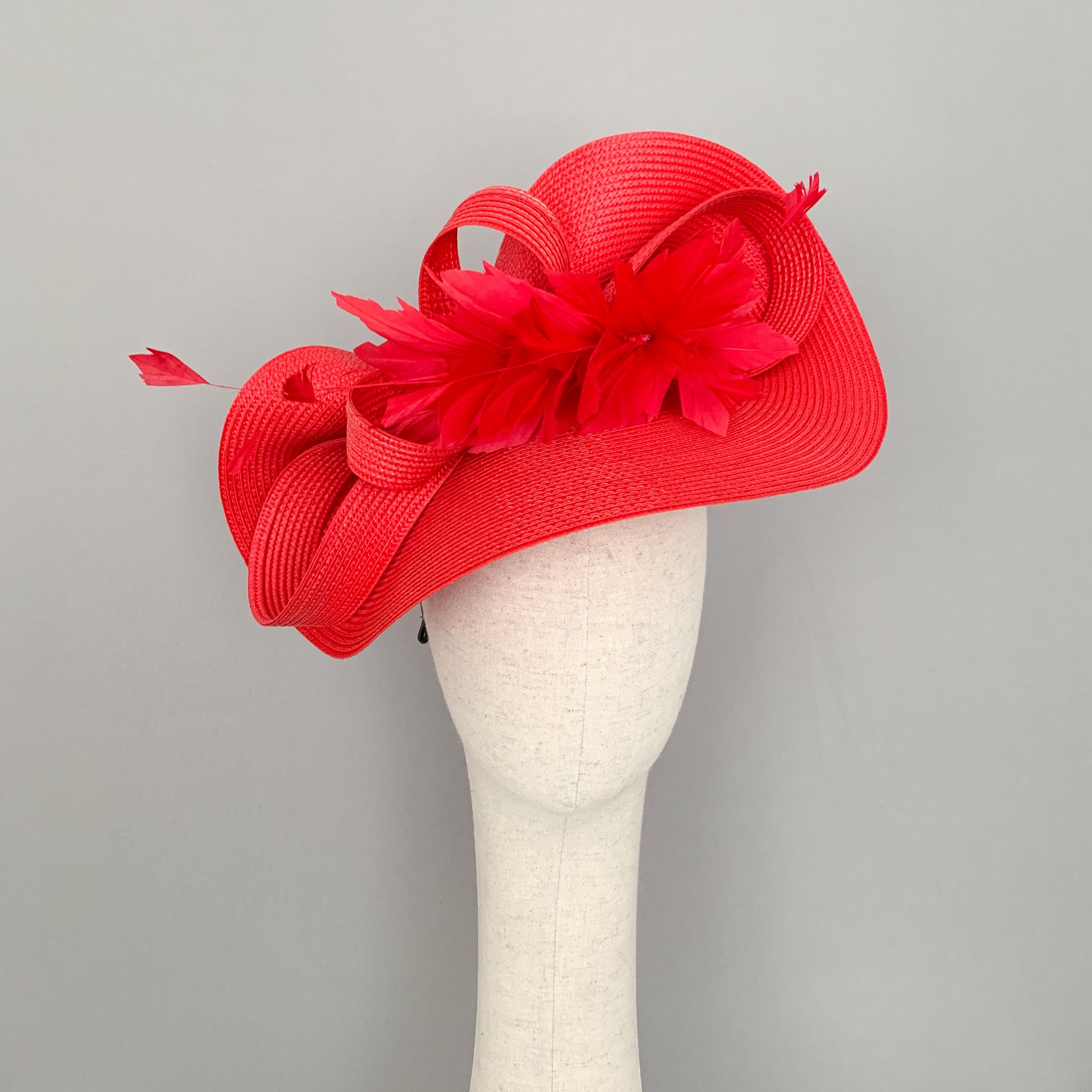 Kentucky Derby Hat Fascinator Elegant Red Floral Feather Ascot Oaks Headwear Kentucky Derby Hat Oaks Cream Pink Flower Big Fancy Hat Del  main image 4