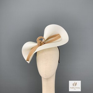 Cream and camel derby fascinator, gold ascot hat,Beige kentucky derby hat, Ivory wedding hat, Gold ascot fascinator, womens races hats, bow image 3