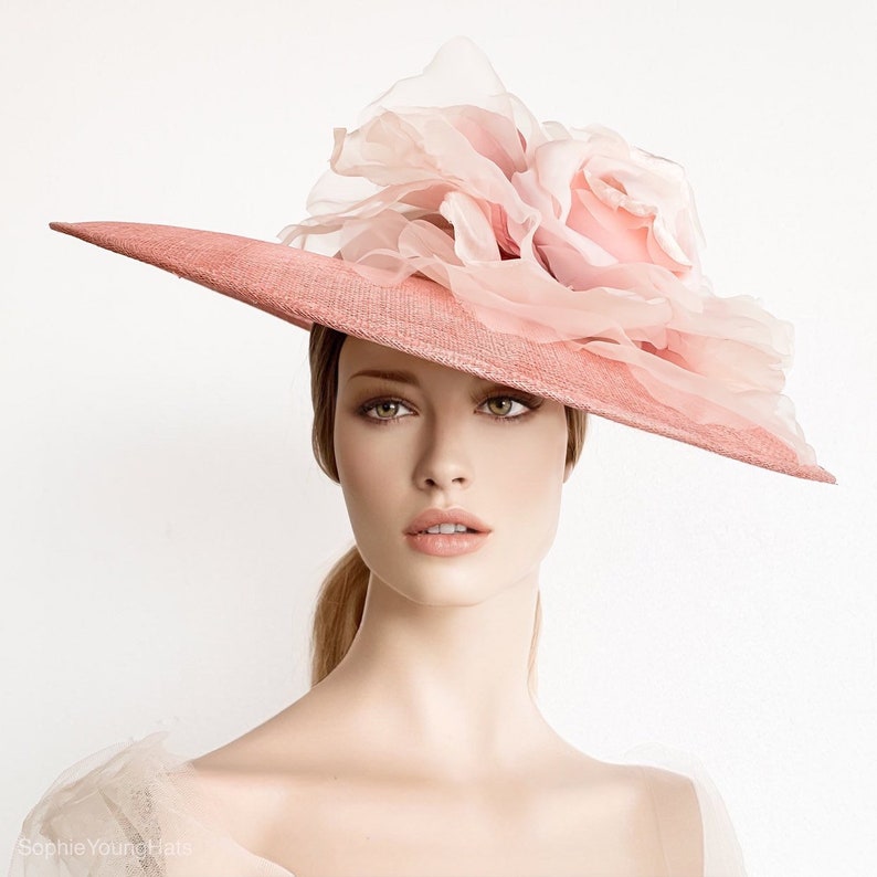 Pink fascinator hat, royal ascot hat, a race day brim hat, wedding hat, mother of the bride fascinator, tea party hat, flower fascinator 