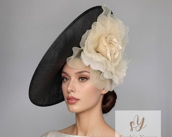 Elegant Ivory and Black Wide-Brim Floral Fascinator Hat Ivory Sinamay Kentucky Derby Fascinator: Black & White  main image 2