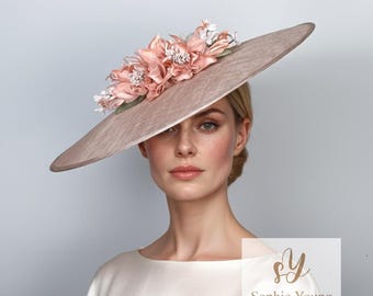 Navy Wide Brim Straw Hat With Pink Roses, Ascot Wedding  display picture 2