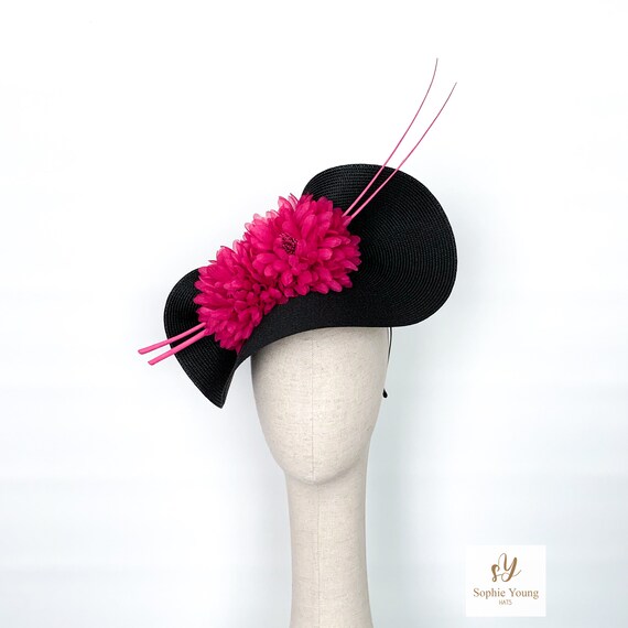 Black Kentucky Derby Hat With Hot Pink Flowers and Feathers  display picture 3