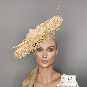 Ivory Derby Fascinator: Beige Ascot Hat with Flower & Feathers