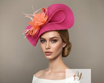 Cerise Pink Orange Feather Kentucky Derby Fascinator Hat  display picture 1
