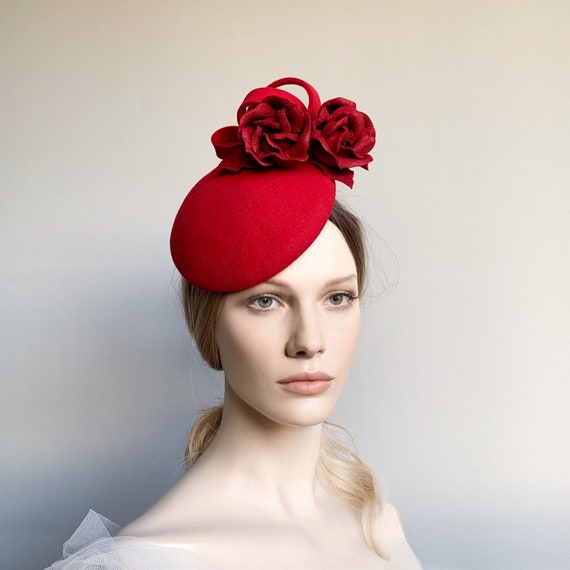 Red felt fascinator valentines day hat red roses hat felt | Etsy