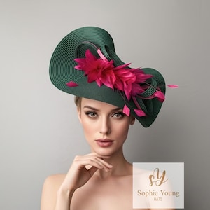 Green Kentucky Derby Hat: Fuchsia Feather Fascinator, Emerald Green Sculpted Hat with Fuchsia Flowers
