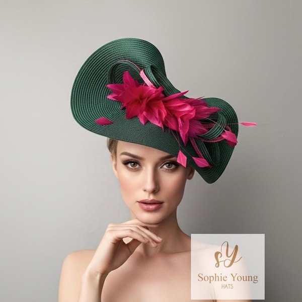 Green Kentucky Derby Hat: Fuchsia Feather Fascinator, Emerald Green Sculpted Hat with Fuchsia Flowers