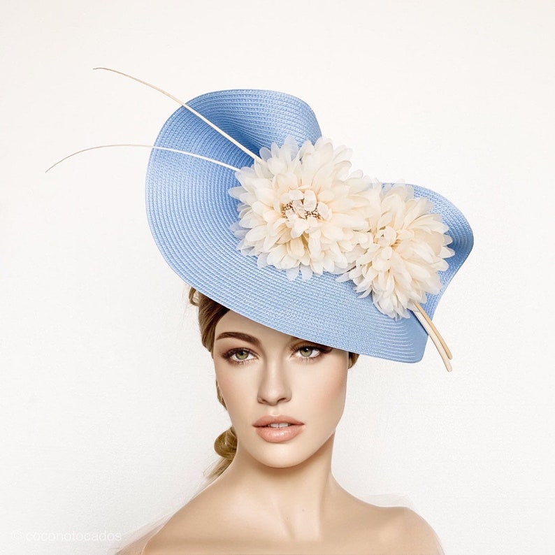 kentucky derby hat, blue and Ivory saucer hat, light blue ascot fascinator, millinery hat, Belmont or Preak Hat, wedding fascinator, shower 