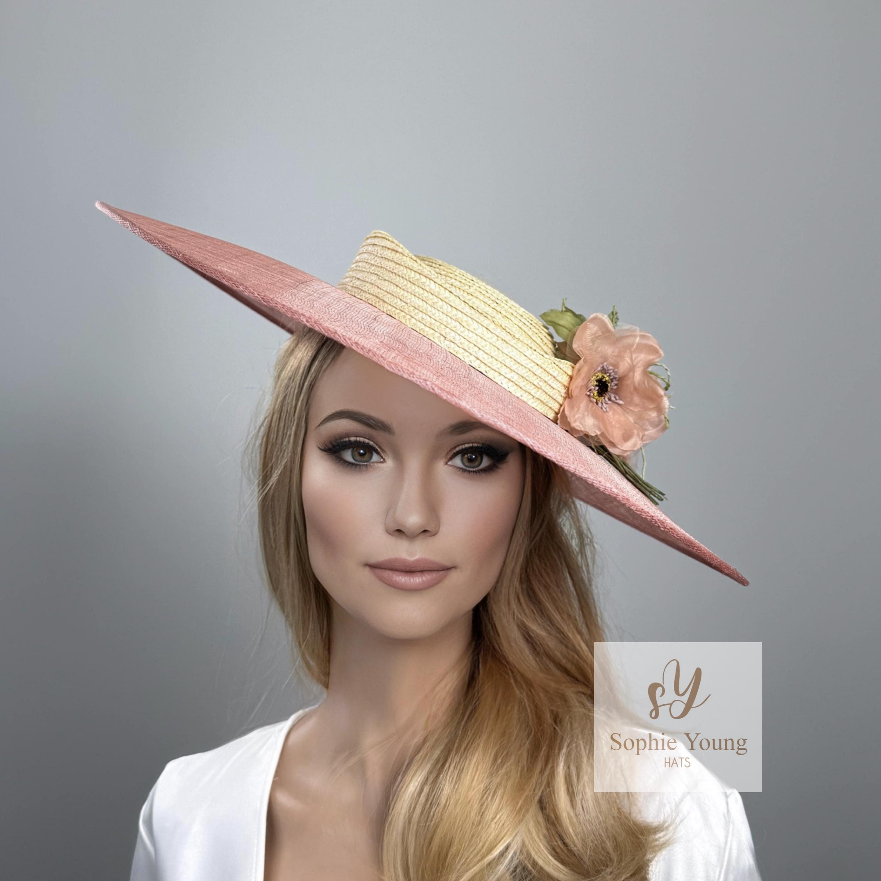 Pink Kentucky Derby Hat: Off White Straw Fascinator with Silk Flowers