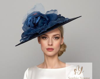 Navy Wedding hat, mother of the bride hat, navy blue Wide Brim Fascinator, Kentucky Derby Hat, Royal Ascot Hat, Derby Race Day Hat, luncheon