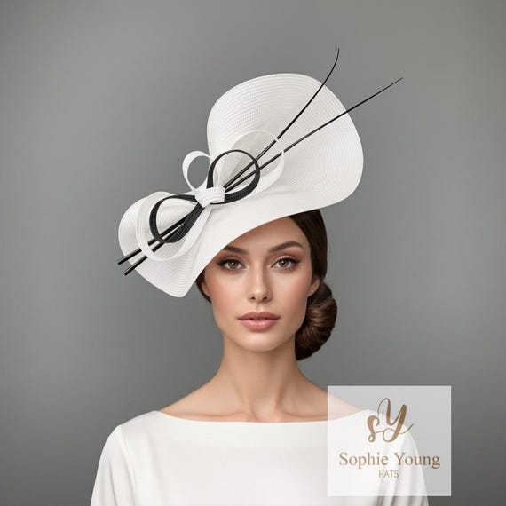 White Fascinator Hat With Black Bow and Feathers: Kentucky  display picture 2