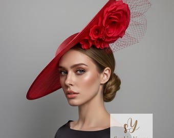 Woman Kentucky Derby Hat Red and Grey With Feather - Gray  display picture 2