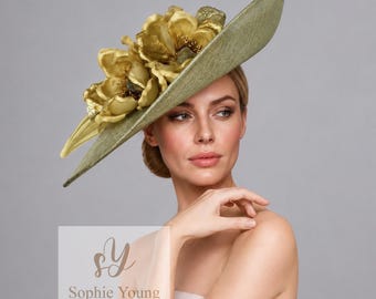 Wide brim hat in sage green with statement flowers,  kentucky derby hat, wedding hat.