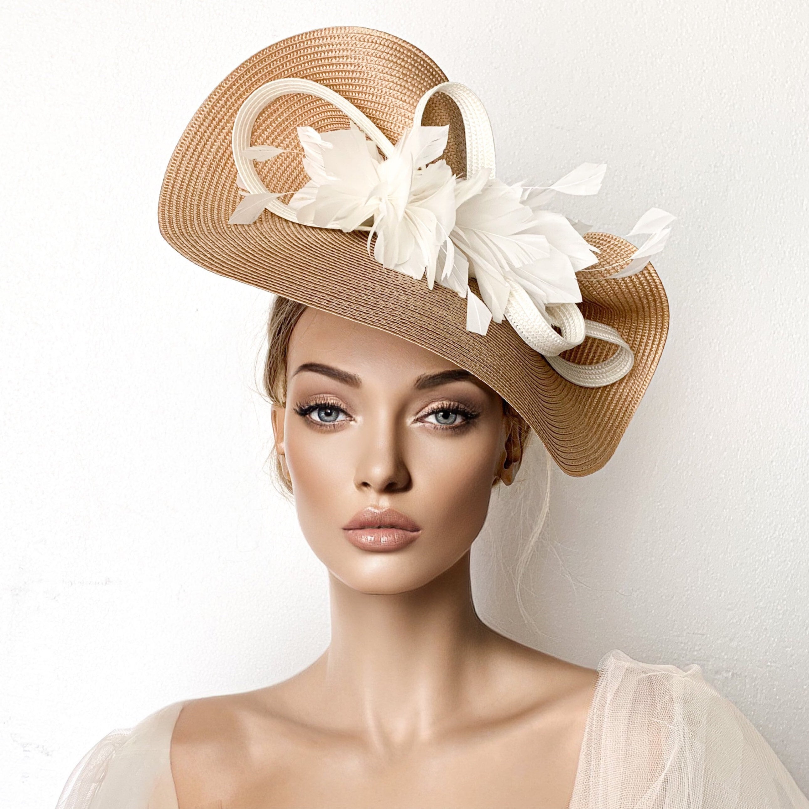 Camel Ivory Fascinator Hat Gold Wedding 