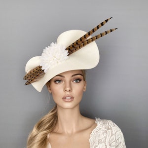 Cream fascinator, feathers fascinator, pheasant ascot hat, kentucky derby hat, race day hat, mother of the bride hat, afternoon tea, wedding