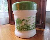 Milk Glass Canister - White With Green Steamboats - Green Lid - Multi Use - Cigar Humidor - Tea - Coffee - Cookies - Candy - Stash - 337