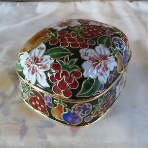 Floral Cloisonne Trinket Box - Small Metal Pill Box with Floral Motif on Black Background - Gold Accents - #1728