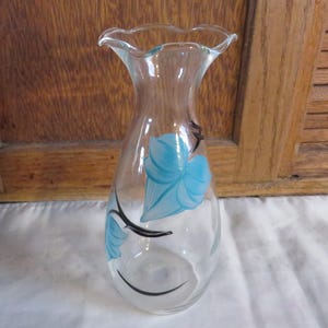 Vintage Hand Painted Bud Vase - 1970&#39;s Anchor Hocking Clear Glass with Teal Ivy Leaves Bud or Plant Rooting Vase - #1715