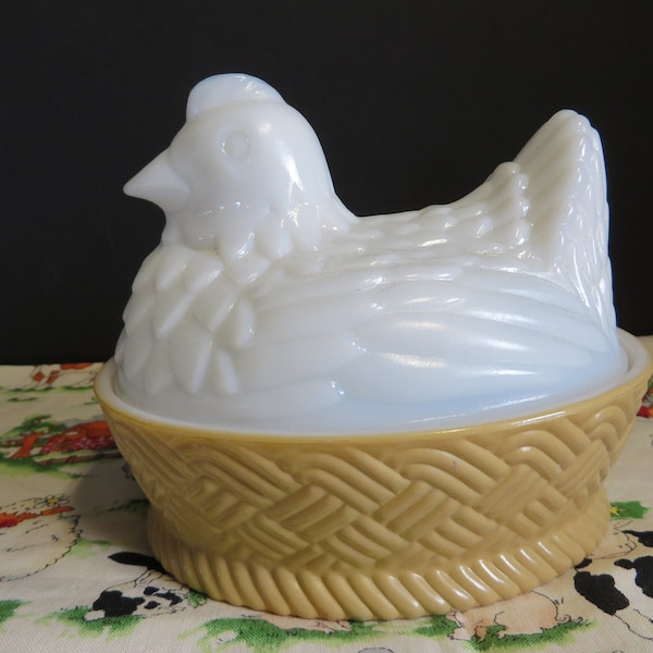 Hen on Nest - White Milk Glass Chicken on Basket Candy Dish - Collectible Avon Hen on Tan Basket Pattern Milk Glass Base - #1290