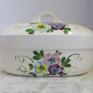 Ceramic Floral Lidded Bowl - Hand Painted Pansies on Oval Bowl - Use for Candy, Flavored Creamers, Guest Soaps or Trinkets - #1418