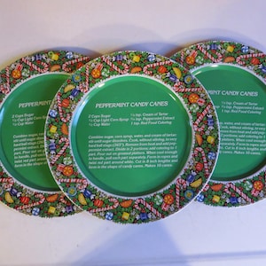 Three Vintage Tin Christmas Plates - Cookie or Candy Platters - Peppermint Candy Cane Recipe on Each - 1980&#39;s Christmas Trays - # 1624