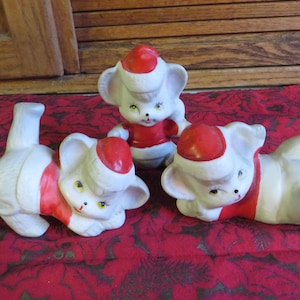 Trio of Christmas Mice - Set of Three Tumbling Mice from the 1980&#39;s - Vintage Bisque Mice for Tabletop, Mantel, Windowsill, Cake Top - #1631