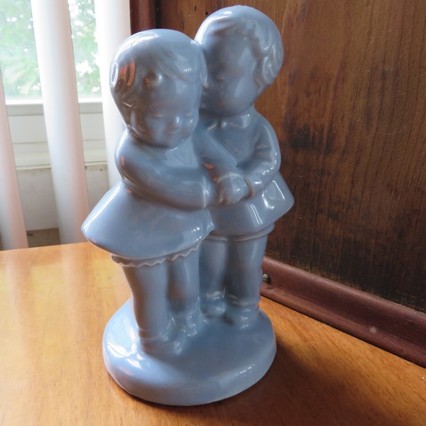 Vintage Sweethearts Planter - 1950's Boy and Girl Vase - Adorable Powder Blue Children Holding Hands By Tree - Cottage - Beach Decor - #312