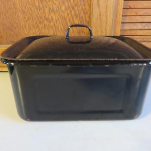 Vintage Enamel Storage Container - Black Enamelware Lidded Canister - Enamel Coated Metal Rectangular Box - Farmhouse Decor - #1768